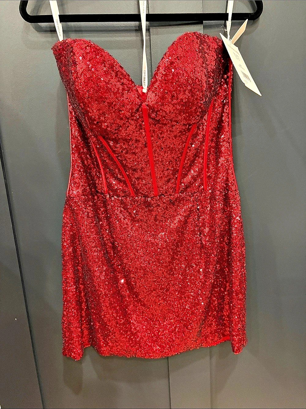 739. Sherri Hill Style 55657 Red Sequin Mini Dress Size 14